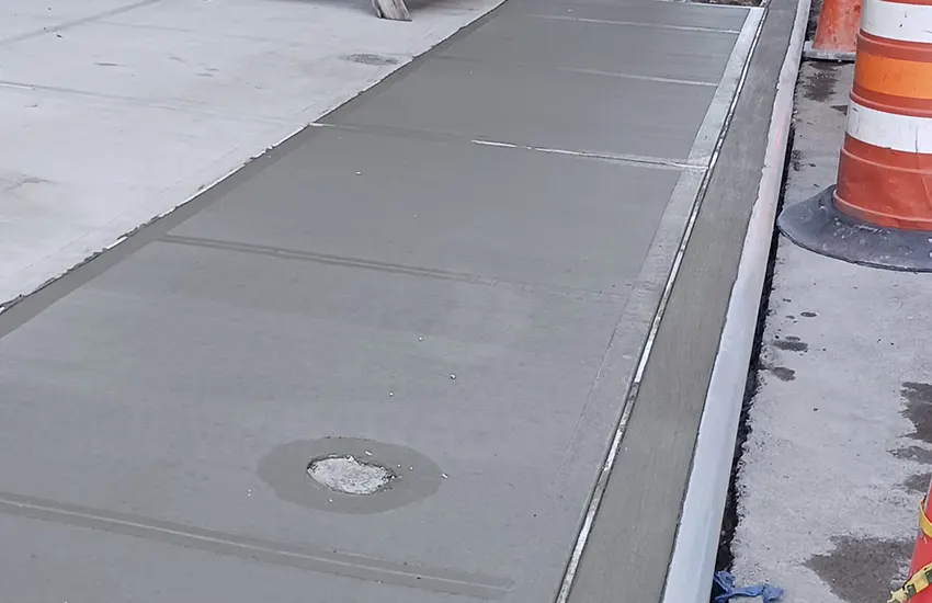 Fresh concrete sidewalk finished next to the curb with traffic barrels on the street, sidewalk repair by Sidewalk Repair Near Me in NYC