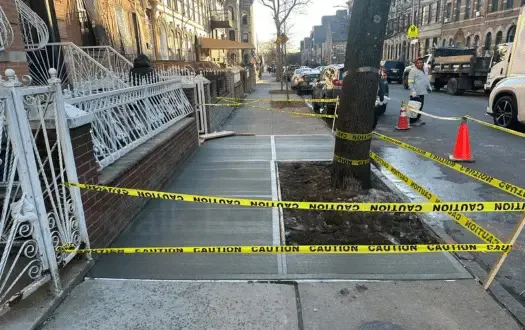 New sidewalk flags around a tree pit in front of brick row houses, taped off to cure, sidewalk repair by Sidewalk Repair Near Me in NYC
