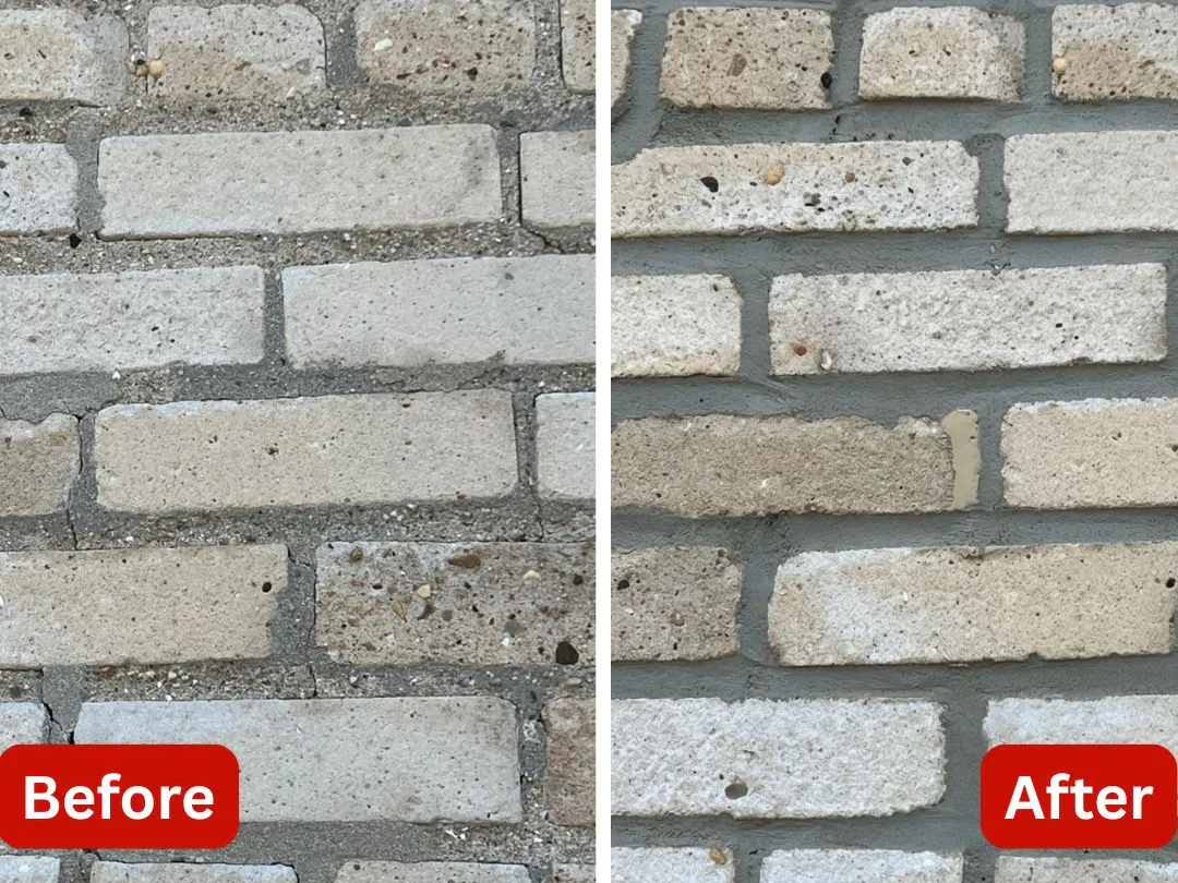 Brick wall before and after repointing, with open joints on the left and filled joints on the right, brick pointing by Sidewalk Repair Near Me in NYC