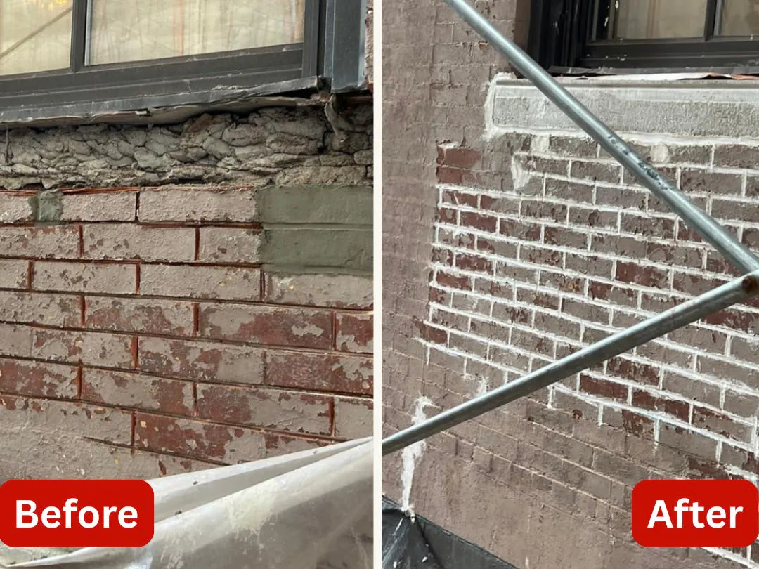 Brick wall below a window before and after the damaged brick was rebuilt and pointed, brick pointing by Sidewalk Repair Near Me in NYC