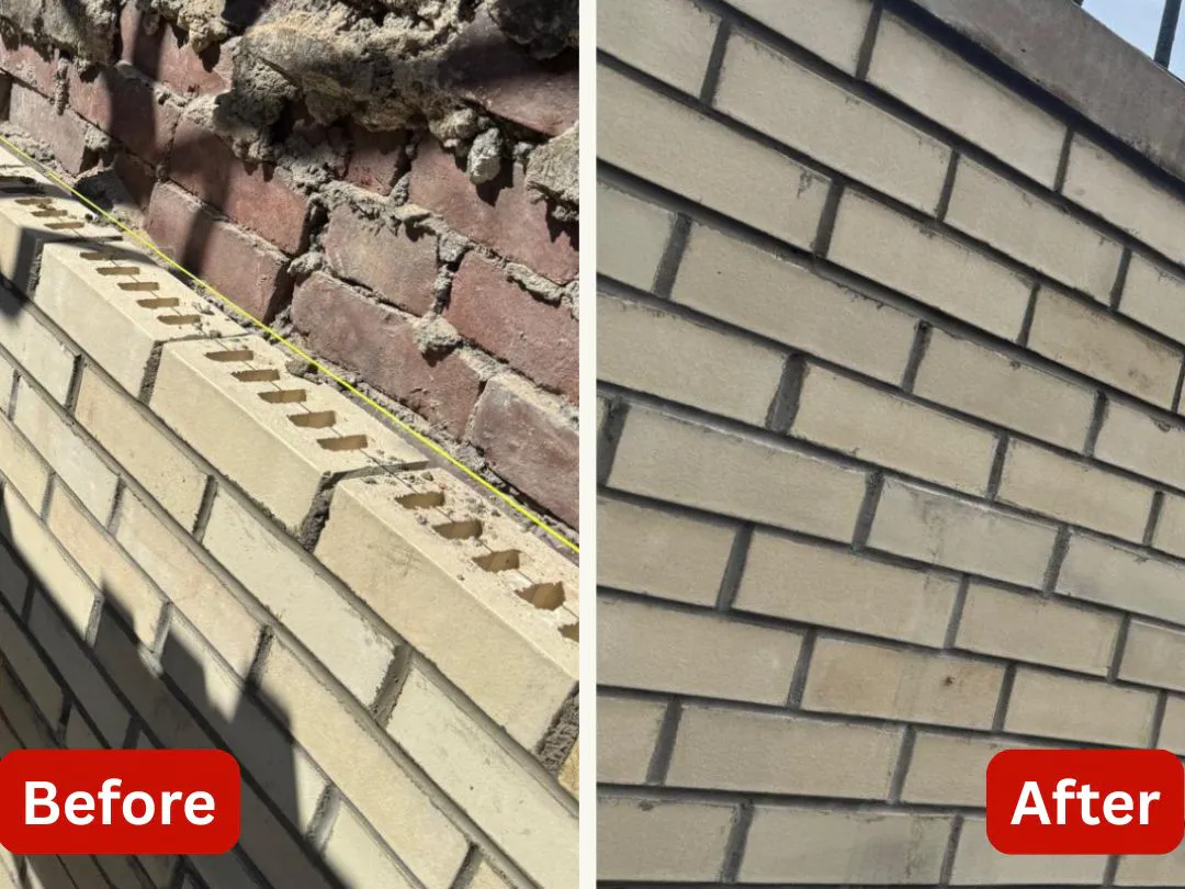Top of a brick wall before and after rebuilding, from loose crumbling brick to even courses, brick pointing by Sidewalk Repair Near Me in NYC