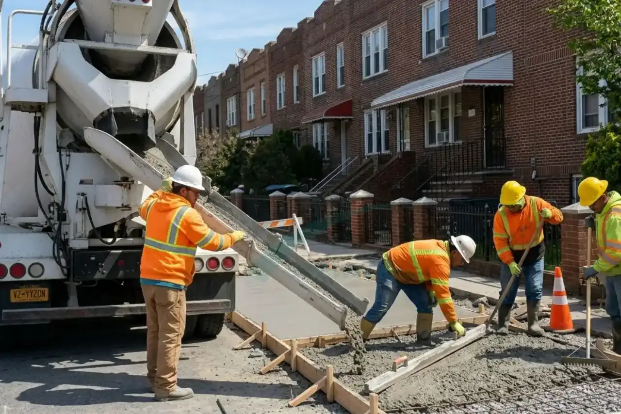 Worker guiding concrete down the chute of a mixer truck, concrete work by Sidewalk Repair Near Me in NYC