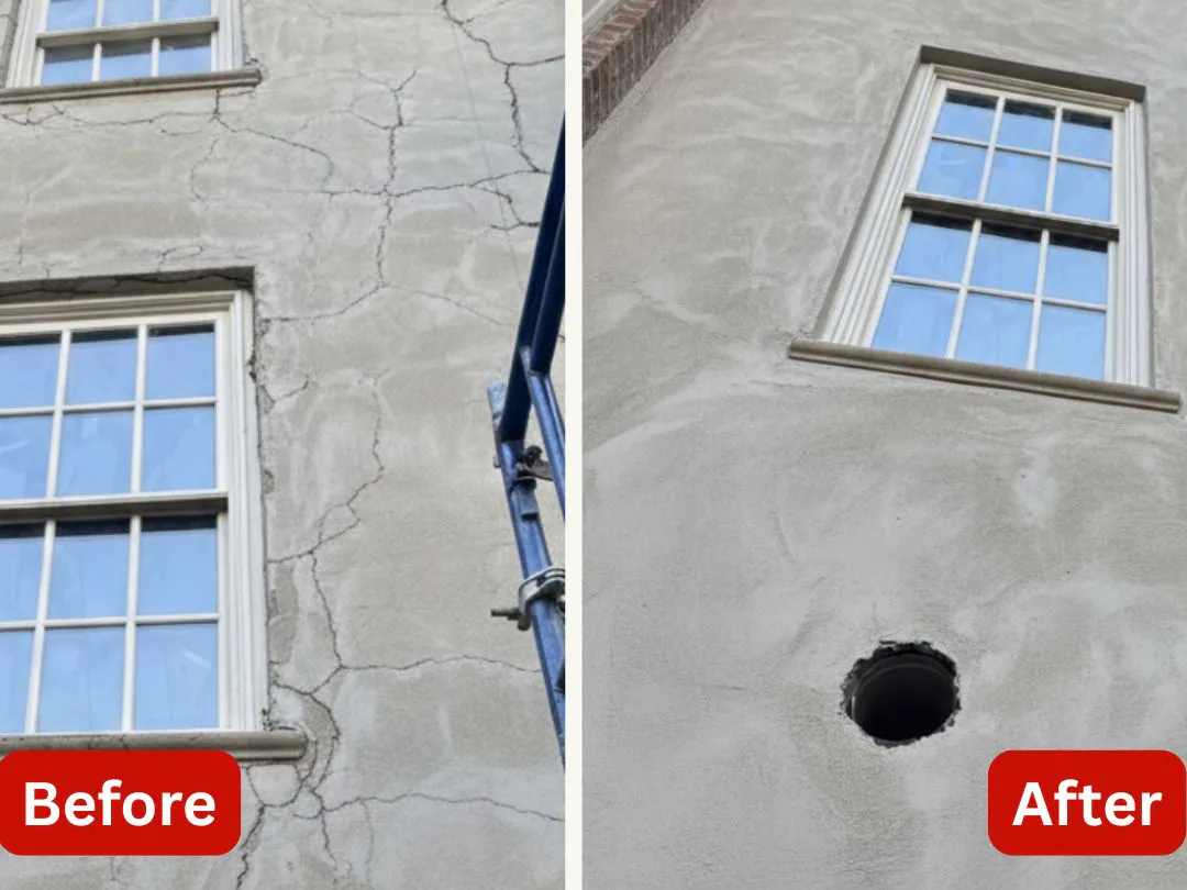 Cracked stucco wall before and after repair and a new finish coat, masonry work by Sidewalk Repair Near Me in NYC