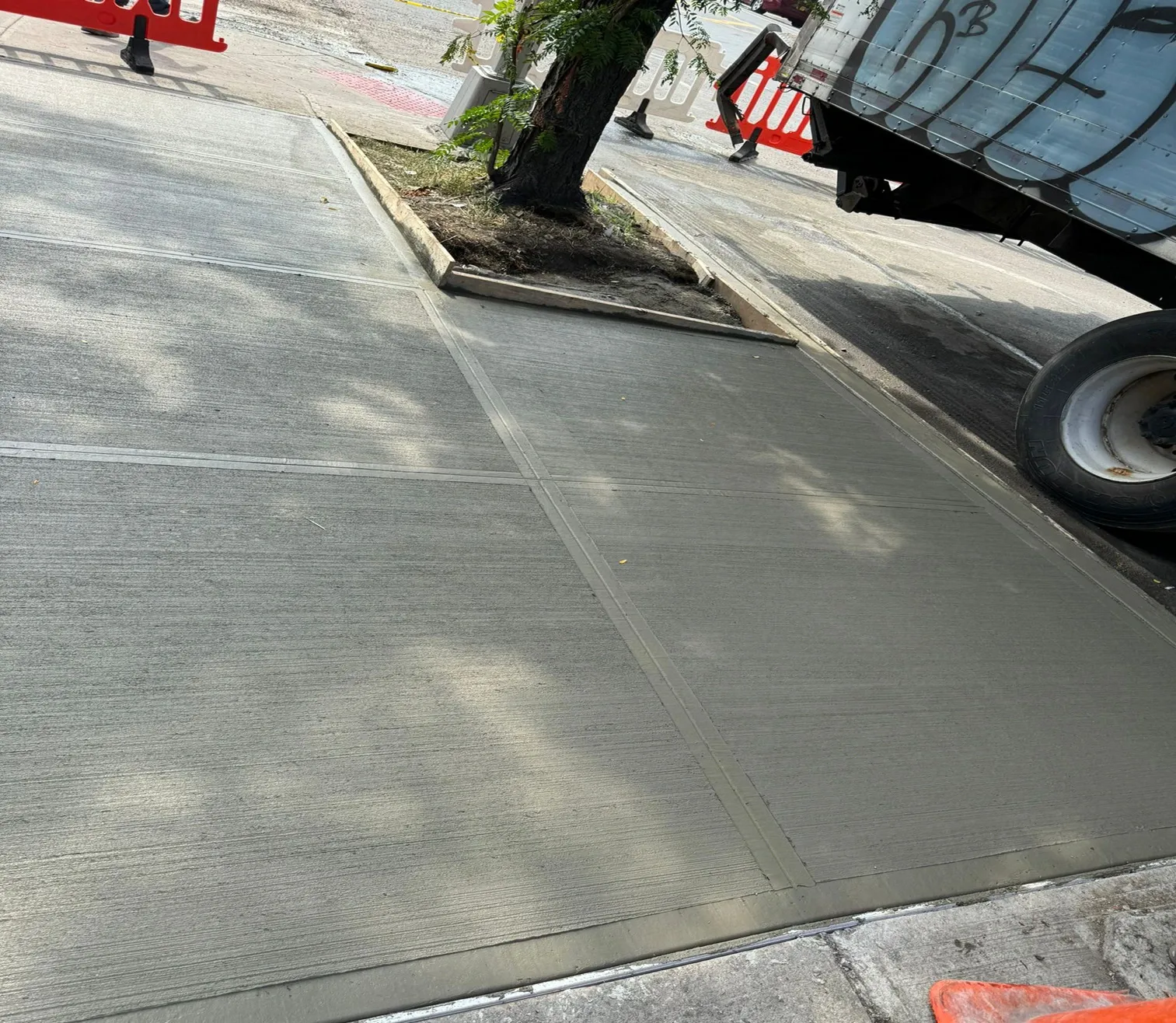 New concrete sidewalk flags beside a street tree pit, sidewalk repair by Sidewalk Repair Near Me in NYC