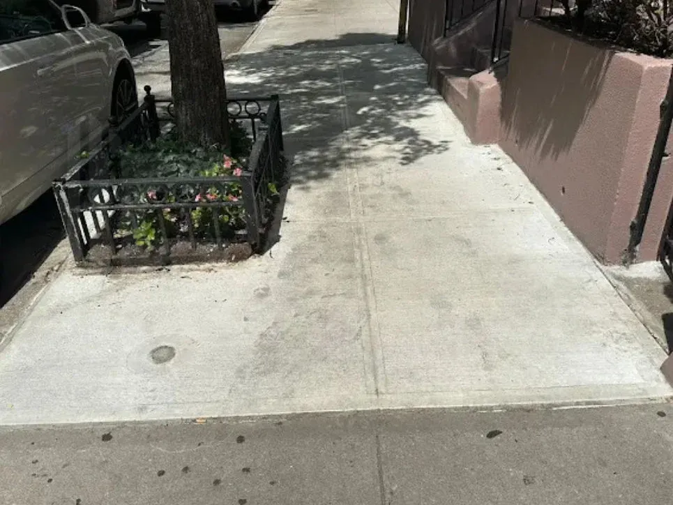New concrete sidewalk around a street tree with an iron tree guard, sidewalk repair by Sidewalk Repair Near Me in NYC